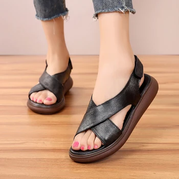 Moda Yaz Vintage Hakiki Deri Düz platform sandaletler Kadınlar İçin 2020 Kanca Ve Döngü Çapraz Kayış Düz Sandalet Kadın