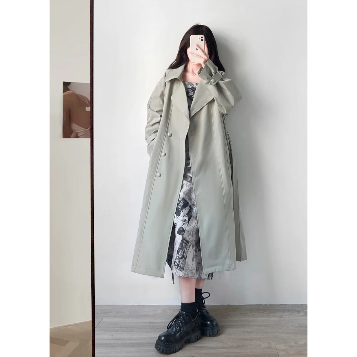 Moda Yeni Haki Pembe Trençkot Kadın Tek göğüslü Uzun Silgi Ceket Kemer Bayan Rüzgarlık Bahar Sonbahar Giyim 0