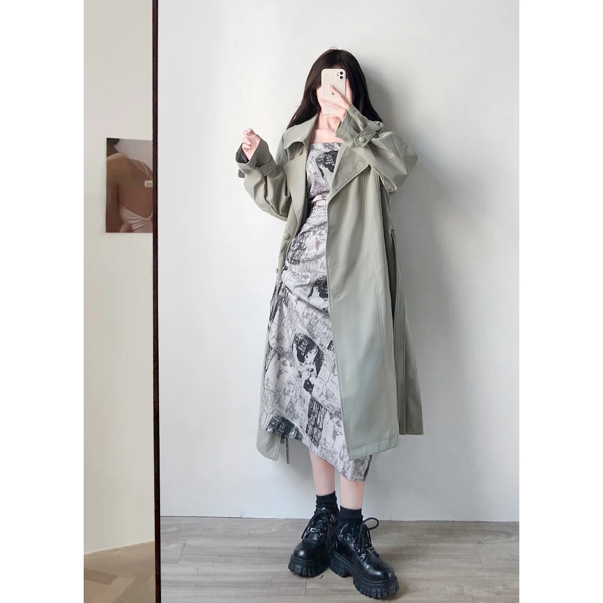 Moda Yeni Haki Pembe Trençkot Kadın Tek göğüslü Uzun Silgi Ceket Kemer Bayan Rüzgarlık Bahar Sonbahar Giyim 2