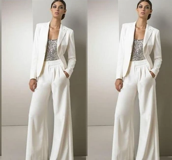 Modern Beyaz Üç Adet Anne Gelin Pantolon Takım Elbise Gümüş Payetli Düğün Konuk Elbise Artı Boyutu Elbiseler Ceketler
