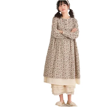 Mori kadın edebiyat ve sanat taze baskı elbise pamuk kenevir mantar yaka orta uzun etek çift katmanlı hem yarım açık düğme