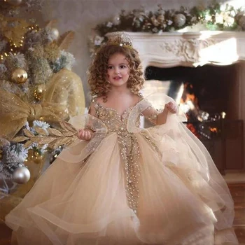 Muhteşem Altın Uzun Kollu Düğün Çiçek Kız Elbise Kız Prenses Yeni Yıl Parti Elbiseler İle Tren
