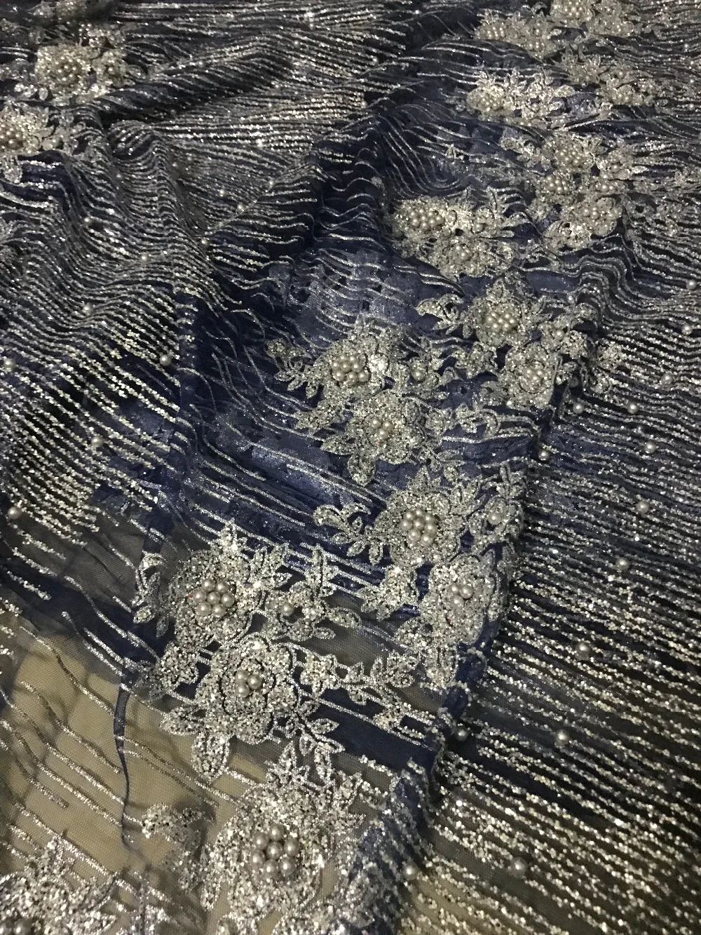 Mükemmel gümüş Fransız Net Dantel kumaş SYJ-3274 yapıştırılmış glitter Fransız tül Malzeme Net Dantel için parti elbise
