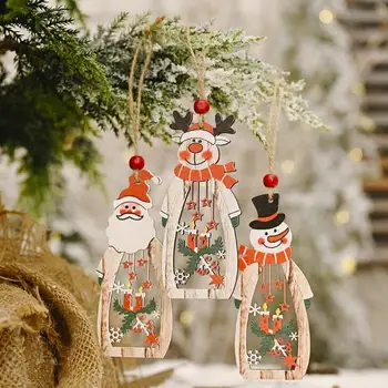 Noel Ağacı Dekorasyon Asılı Ahşap Hollow Santa Kardan Adam Ren Geyiği Carve Kolye Süsler Parti Iyilik LX2346