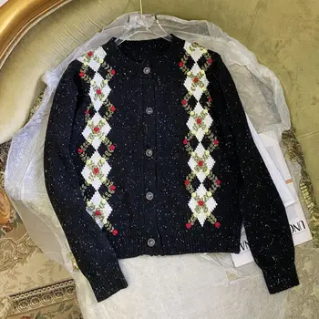 Noel Moda Uzun Kollu Örgü Siyah Hırka El-İşlemeli Kazak Retro Lüks Ceket Kadın Kış Marka Yeni Giysi