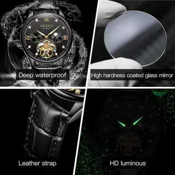 OLEVS Lüks Erkek Mekanik Saatler Otomatik İzle Klasik Saat Deri Kayış Su Geçirmez Ordu Askeri Kol Saati