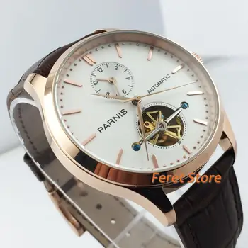 Parnis 2020 yeni 43mm erkek üst volan saatler gül altın çelik kasa beyaz kadran deri kayış otomatik erkek saati