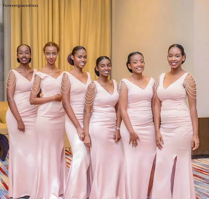 Pembe Mermaid Nedime Elbise Afrika V Boyun Kolsuz Düğün Konuk Hizmetçi Onur Törenlerinde Siyah Kız 3