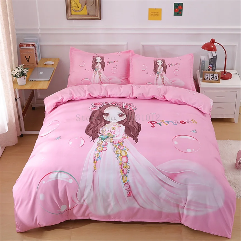 Pembe Prenses nevresim takımı Karikatür Desen Nevresim Kral Yorgan kraliçe boyutu yatak çarşafı Yüksek Kaliteli Çarşaflar