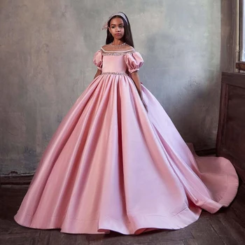 Prenses Pembe Çiçek Kız Elbise Jewel Boyun Boncuk Topu Pageant Elbise 2021 Yürüyor Bebek Giysileri Küçük Kızlar Doğum Günü Törenlerinde