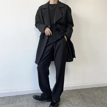 Sahte Iki parçalı Trençkot Erkekler Moda Rahat Siyah Uzun Ceket Erkekler Streetwear Gevşek Büyük Boy Rüzgarlık Ceket Erkek Palto