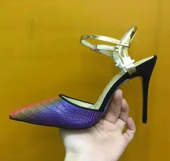 Seksi Bayanlar Ayak Bileği Kayışı Degrade Renkler Python Deri Pompaları Stiletto Kadın Sivri Burun Moda Parti Yüksek Topuklu Sandalias Ayakkabı 3