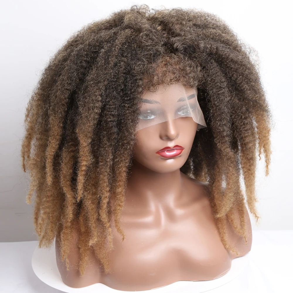 Sentetik Afro Marley Örgü Saç TLace Ön peruk Patlama ıle Kısa Kıvırcık Peruk Kadınlar Için ısıya dayanıklı kağıt oyunu Tutkalsız Cosplay