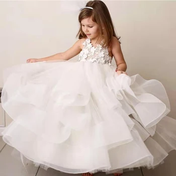 Sevimli tatlı prenses uzun beyaz fildişi custom made dantel halter çiçek kız elbise törenlerinde düğün konuk elbise kız parti elbiseler
