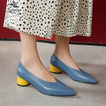 SGESVIER 2021 Sivri Burun Hakiki Deri Kadın Pompaları Ayakkabı Bahar Yaz Temel Kadın Moda Rahat Med Topuklu Boyutu 34-43