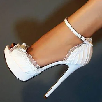 SHOFOO ayakkabıları.Moda Seksi bayan sandalet, beyaz kumaş, yaklaşık 14.5 cm yüksek topuklu sandalet, kadın sandalet. BOYUTU: 34-45