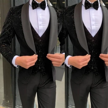 Siyah Payetli Erkekler Düğün Smokin 3 Parça Glitter Slim Fit Damat Takım Elbise Parti Balo Ceket Blazer Elbise Iş Giyim Ceket