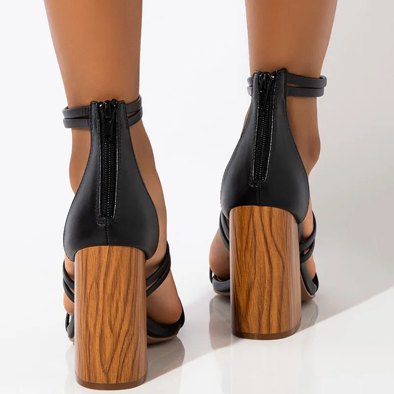 Siyah Yüksek Tıknaz Topuklu Dar Bant Kadın Sandalet Burnu açık Fermuar Bayanlar Yaz Moda Yeni Olgun Ayakkabı Büyük Boy 39 40 Shofoo 4