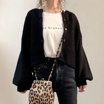 Siyah Örgü Hırka Düğme Bayanlar Moda Gevşek Yuvarlak Boyun Örgü Giyim kadın Giyen Basit Uzun Kollu Kazak Kore Moda