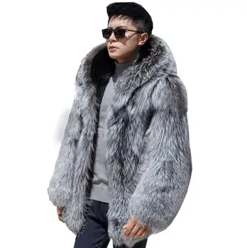 Sonbahar faux vizon kürk deri ceket erkek kürk deri ceket erkekler gevşek ceketler sıcak giysiler rahat kış kalınlaşmak kapşonlu gümüş 6XL
