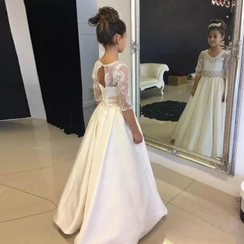 Sonbahar Kış Yarım Kollu Çiçek Kız Elbise Dantel Düğün Resmi Elbiseler Genç Kız Pageant Elbise Kızlar ıçin 2-14 Yıl