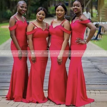 Spagetti Kayışı Kırmızı Gelinlik Modelleri Kapalı Omuz Artı Boyutu Mermaid Kadınlar Uzun Parti Elbise Gelin Hizmetçi Düğün Konuk Törenlerinde