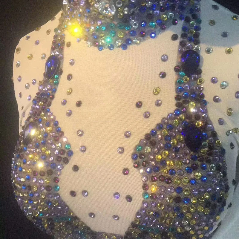 Sparkly Renkli Kristaller Tulum Kostüm Kadınlar Seksi Rhinestones Bodysuit Gece Kulübü Sahne Gogo Giyim Festivali Kıyafet DT3142