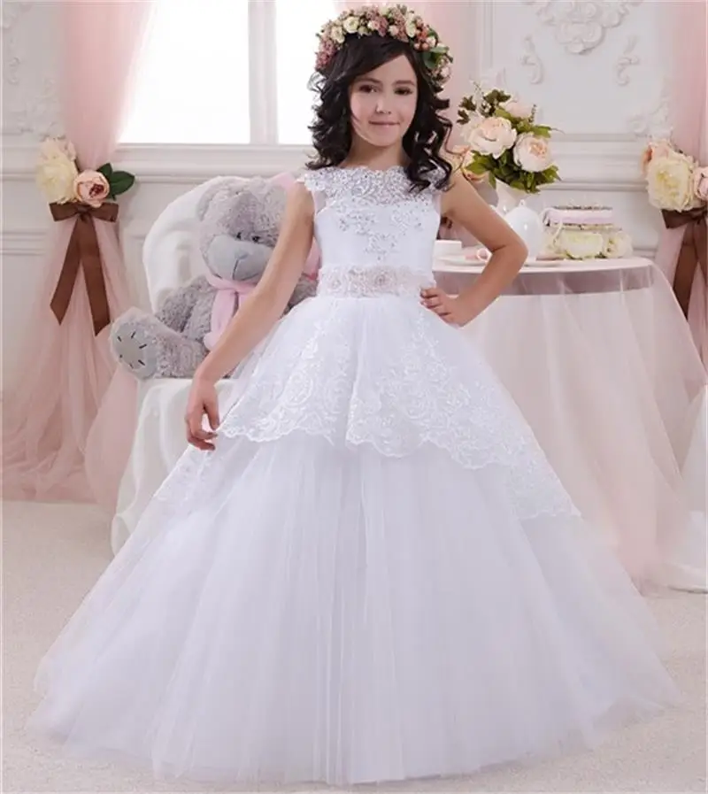 Tatlı Beyaz Fildişi Dantel İlk Communion Elbise Kız Abiye Çiçek Kız Elbise Düğün İçin Kız Pageant Elbise