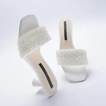 TRAF 2022 Kadın Moda Topuklu Inci Sandalet Kadın Zarif Beyaz Açık Terlik Burnu açık Sandalet Bayanlar Yüksek Topuk Ayakkabı Kadın
