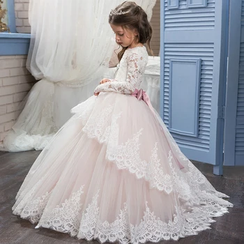 Uzun Kollu Dantel Allık Pembe Bebek Kız Yaz Giysileri Çocuk Elbise Toddler Kız Balo Düğün Parti vestidos de comunion