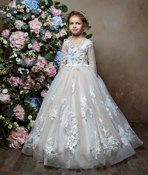 Uzun Kollu Fildişi Çiçek Kız Elbise Düğün İçin Tüy Dantel Aplike Küçük Çocuklar Bebek Önlük Özel İlk Communion Elbise