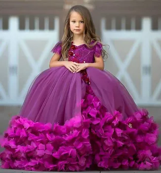 Uzun Kollu Kız Doğum Günü Partisi Törenlerinde ışık Mor Balo Çiçek Kız Elbise Dantel El Yapımı Çiçek V Boyun Çocuk Pageant Elbise