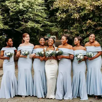 Uzun Saten Ruffled Açık Mavi Mermaid Gelinlik Modelleri Kapalı Omuz Özel Lace Up Geri Örgün Düğün Elbiseleri
