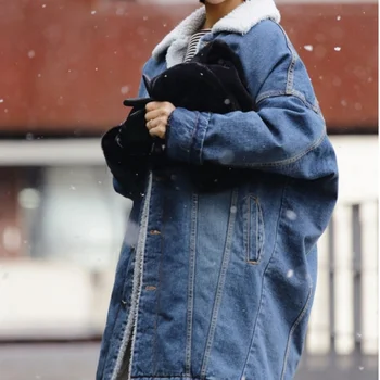 Varış Yeni Kore Moda Bayanlar Polar Astarlı Kış Denim Ceket Uzun Gevşek Sıcak Jean Kürk Astar Palto Dış Giyim