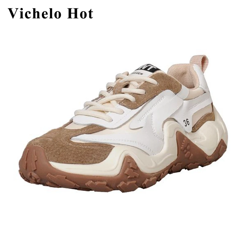 Vichelo Sıcak ınek bölünmüş deri bahar sneakers ön dantel up karışık renkler yuvarlak ayak kalın alt kaymaz vulkanize ayakkabı l27