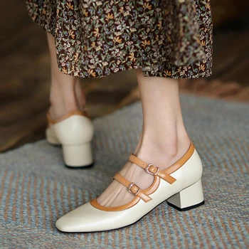 Vintage Mary Janes Hakiki Deri Karışık Renkler Ayakkabı Kadın Yuvarlak Ayak Kalın Med Topuk Toka Sapanlar Elbise Kızlık Kadınlar için Pompalar