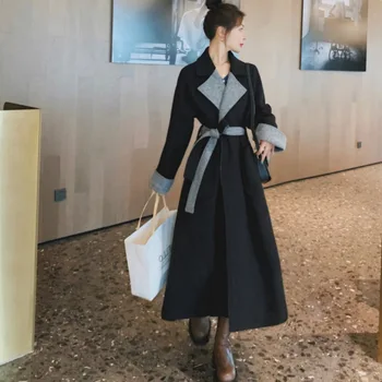 Vintage Siyah Yün Ceket Kadın Kore Sonbahar Kış Yeni Boy Gevşek Uzun Yün Ceket Uzun Kollu Hırka Dış Giyim Ile Kemer