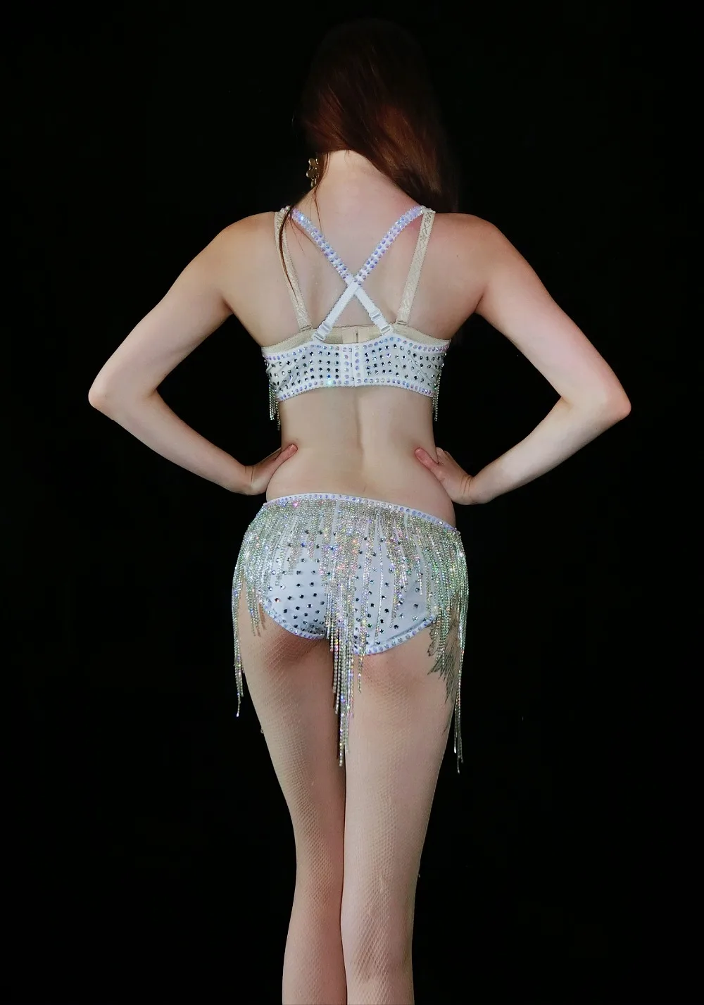 Yanıp sönen Gümüş Kristaller Zincirler Bikini Kostüm Bling Sahne Giyim Rhinestone Bikini Püskül Seksi kostümleri Sutyen Kısa Set