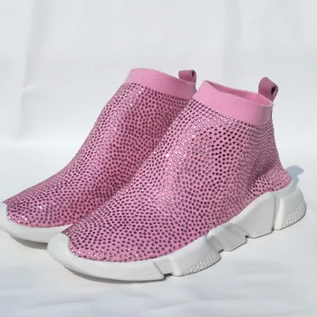 Yeni Elastik Çorap Rhinestone El Yapımı Bling Moda rahat ayakkabılar Streç Örme Nefes Kadın Düz Ayakkabı Boyutu 34-45