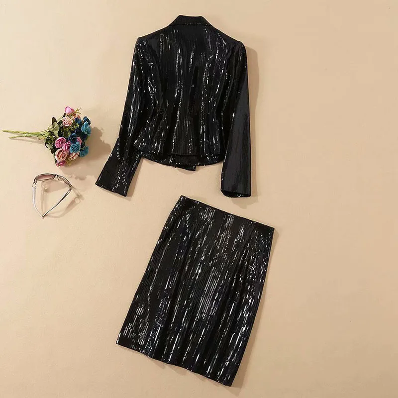 Yeni YÜKSEK KALİTE Moda 2021 Pist Suit Set kadın Seksi Siyah Payetli Blazer Ceket Ve Mini Etek Suit