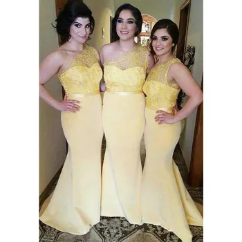 Yeni Ülke Gelinlik Modelleri Düğün Için Bir Omuz Mermaid Dantel Açık Sarı Artı Boyutu Hizmetçi Onur Parti Elbiseler