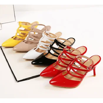 Yeni Şık Kadın Sandalet Sivri Burun Ince Topuklu Sandalet Popüler Siyah Beyaz Kırmızı Sarı Bej Ayakkabı Kadın Artı ABD Boyutu 3.5-16 5