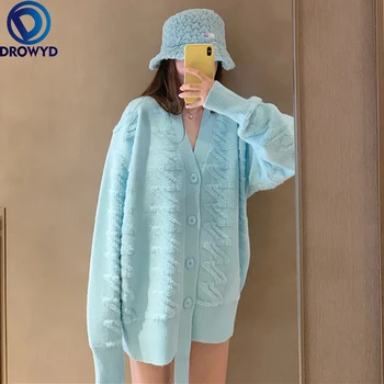 Yumuşak Süt Mavi Jakarlı Kazak Ceket kadın Hırka 2021 Yeni Stil Gevşek ve Tembel Tarzı Örme Ceket Sonbahar ve Kış için 0