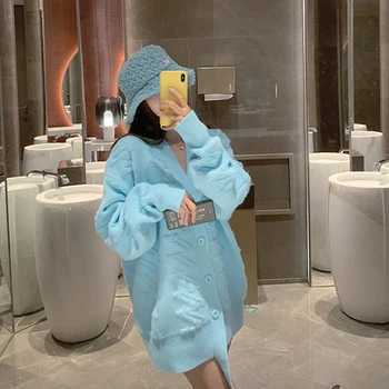Yumuşak Süt Mavi Jakarlı Kazak Ceket kadın Hırka 2021 Yeni Stil Gevşek ve Tembel Tarzı Örme Ceket Sonbahar ve Kış için 3