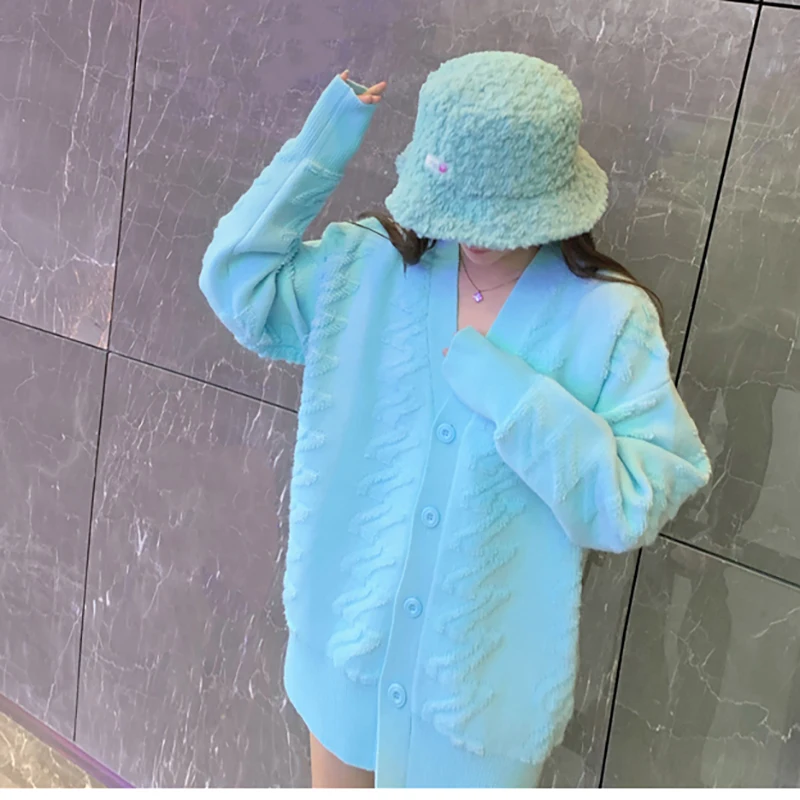 Yumuşak Süt Mavi Jakarlı Kazak Ceket kadın Hırka 2021 Yeni Stil Gevşek ve Tembel Tarzı Örme Ceket Sonbahar ve Kış için 5