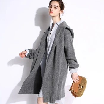 Yüksek dereceli keçi kaşmir eklemek kalın kadın moda kapşonlu uzun hırka kazak palto S-XL