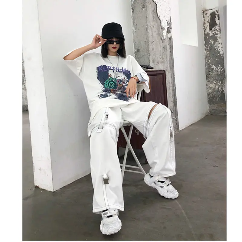 Yüksek sokak Delik Kot Kadın Splice Zip Geniş Bacak Pantolon Hip-Hop pamuk Gevşek Retro Çıkarılabilir Serin Kız Bayan Denim pantolon Yeni