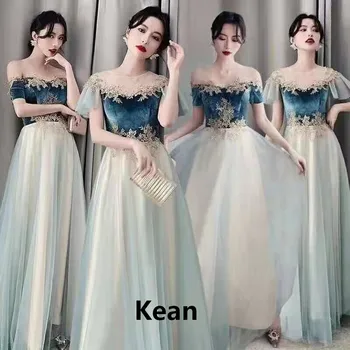Zarif Mavi Gelinlik Modelleri Tül Dantel Kapalı Omuz A-Lİne Altında 50 Dantel Uzun Düğün Parti Elbiseler