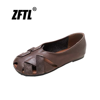 ZFTL Kadın Sandalet Hakiki deri Vintage Hollow nefes delik ayakkabı ılk katman ınek derisi dokuma Roma sandalet kadın