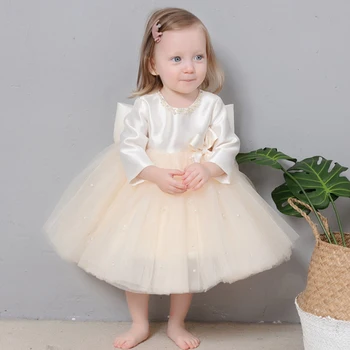 Çocuk prenses elbise akşam yemeği parti elbise çiçek kız doğum günü partisi dantel inci yay bebek elbise